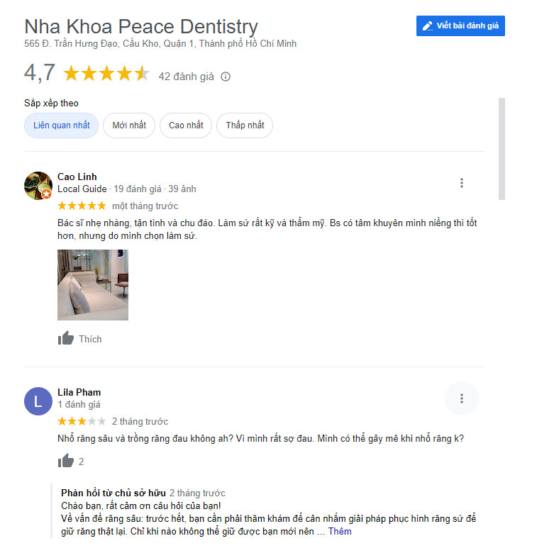 Review khách hàng đã bọc răng sứ giá rẻ tại Nha khoa Peace Dentistry (Ảnh chụp từ google)