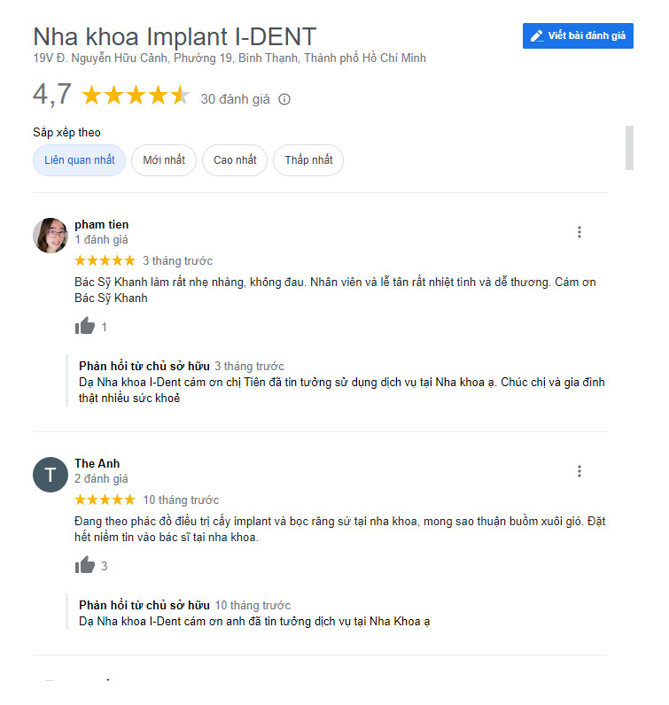 Review khách hàng đã bọc răng sứ giá rẻ tại Nha khoa I-DENT ( Ảnh chụp từ google)