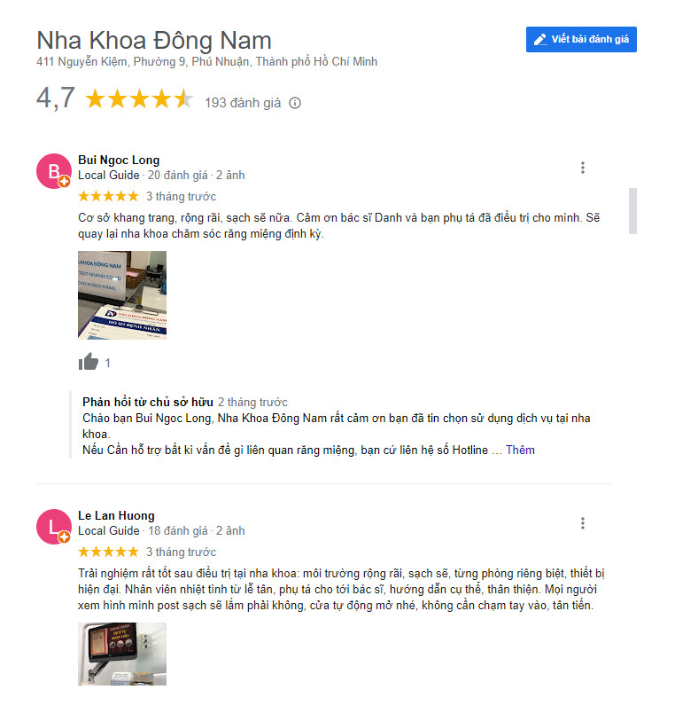 Review khách hàng đã làm răng tại Nha khoa Đông Nam (Ảnh từ google)
