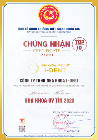 Nha khoa I-Dent đạt chứng nhận Nha hoa uy tin năm 2023 được cấp bởi Ban tổ chức thương hiệu mạnh Quốc gia