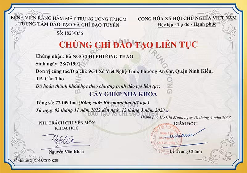 Bằng cấp và chứng chỉ của bác sĩ Ngô Thị Phương Thảo.