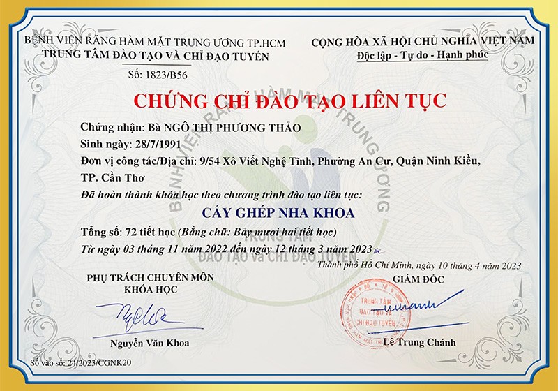 Bằng cấp và chứng chỉ của bác sĩ Ngô Thị Phương Thảo.