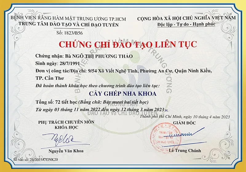 Bằng cấp và chứng chỉ của bác sĩ Ngô Thị Phương Thảo.
