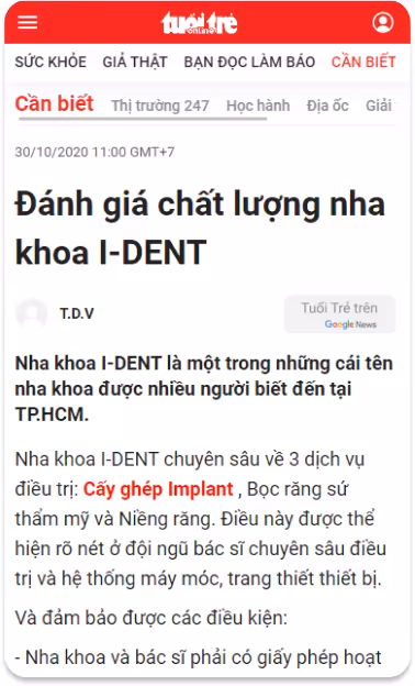 Báo Tuổi Trẻ đánh giá chất lượng dịch vụ nha khoa I-Dent.