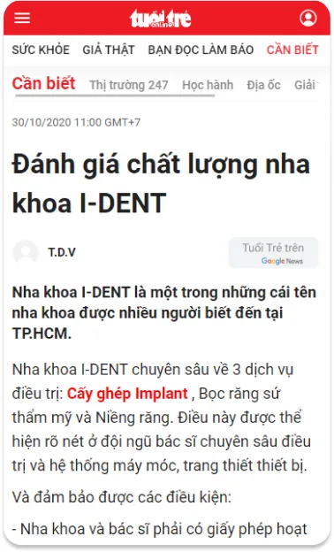 Báo Tuổi Trẻ đánh giá chất lượng dịch vụ nha khoa I-Dent.