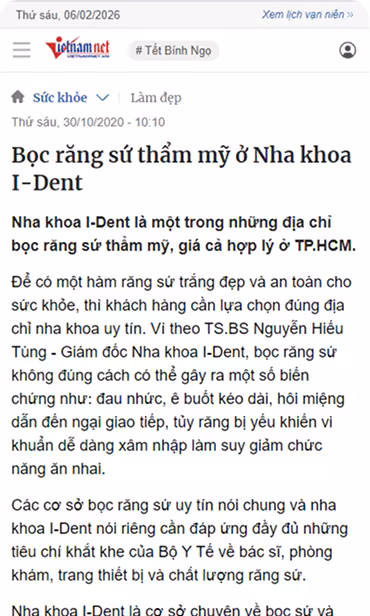 Báo VietNamNet đưa tin dịch vụ dán sứ thẩm mỹ tại nha khoa I-Dent.