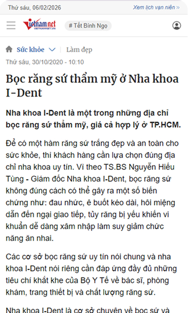 Báo VietNamNet đưa tin dịch vụ dán sứ thẩm mỹ tại nha khoa I-Dent.