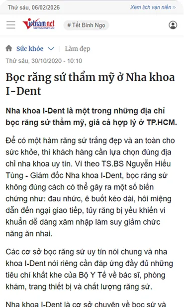 Báo VietNamNet đưa tin dịch vụ dán sứ thẩm mỹ tại nha khoa I-Dent.