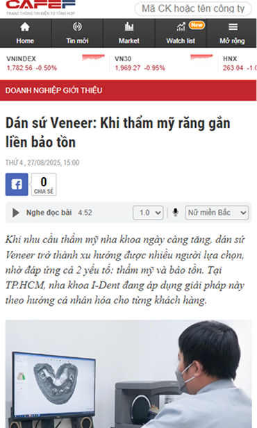 Báo chí CafeF đưa tin về dịch vụ dán sứ veneer tại nha khoa I-Dent.