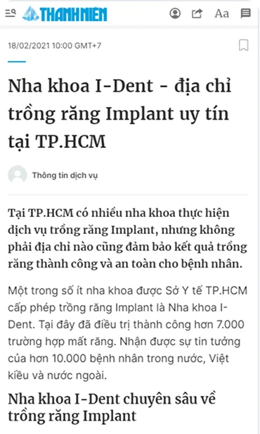 Nha khoa I-Dent trên báo Thanh Niên.