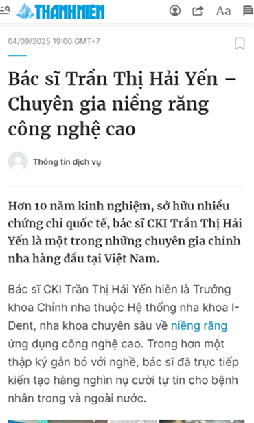 Bác sĩ chỉnh nha I-Dent trên báo Thanh Niên.