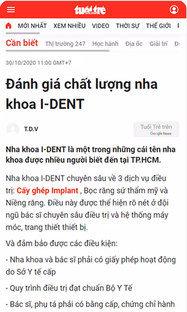 Báo tuổi trẻ đánh giá chất lượng dịch vụ nha khoa I-Dent.