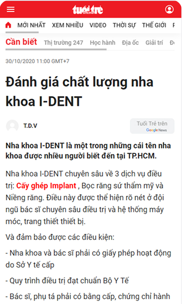 Báo tuổi trẻ đánh giá chất lượng dịch vụ nha khoa I-Dent.