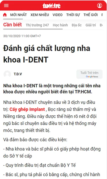Báo tuổi trẻ đánh giá chất lượng dịch vụ nha khoa I-Dent.