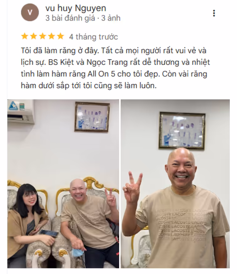 Đánh giá tích cực của bệnh nhân dành cho nha khoa I-Dent trên Google Maps.