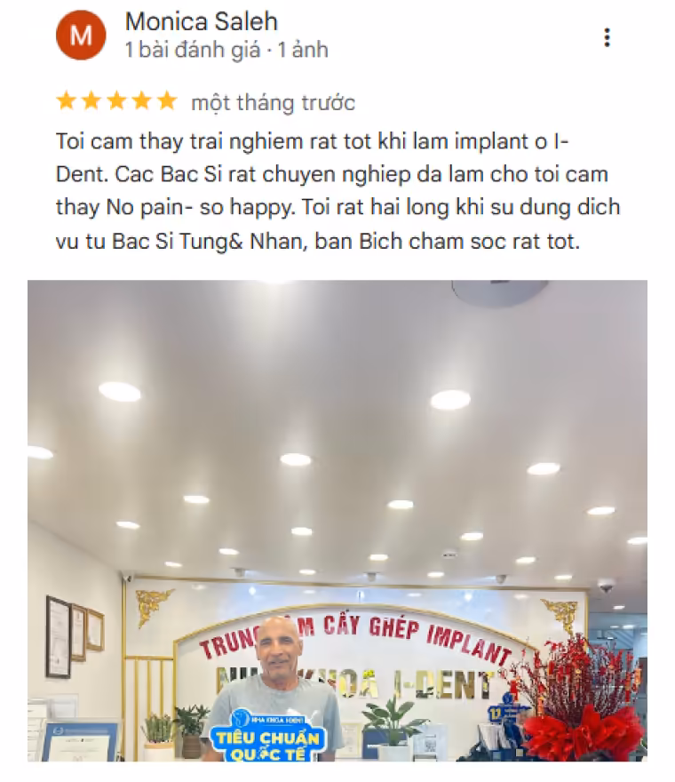 Đánh giá tích cực của bệnh nhân dành cho nha khoa I-Dent trên Google Maps.