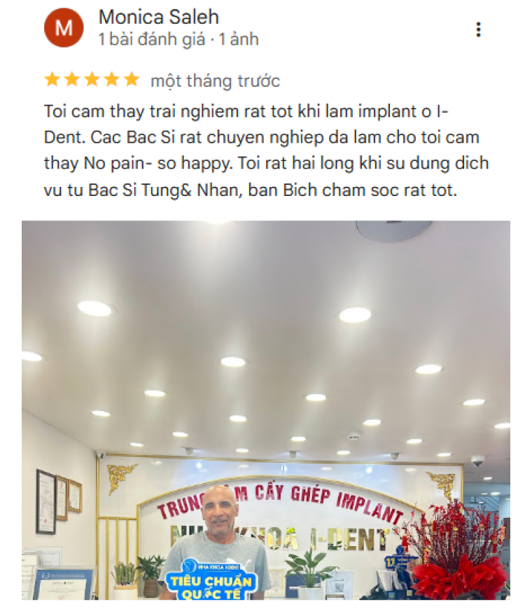Đánh giá tích cực của bệnh nhân dành cho nha khoa I-Dent trên Google Maps.