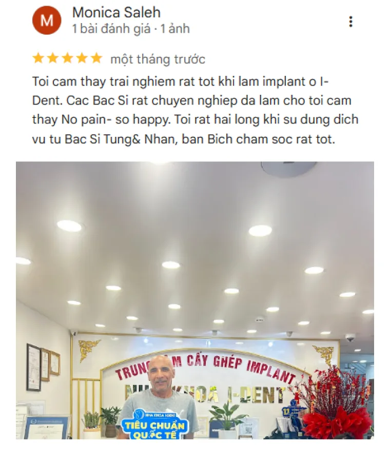 Đánh giá tích cực của bệnh nhân dành cho nha khoa I-Dent trên Google Maps.