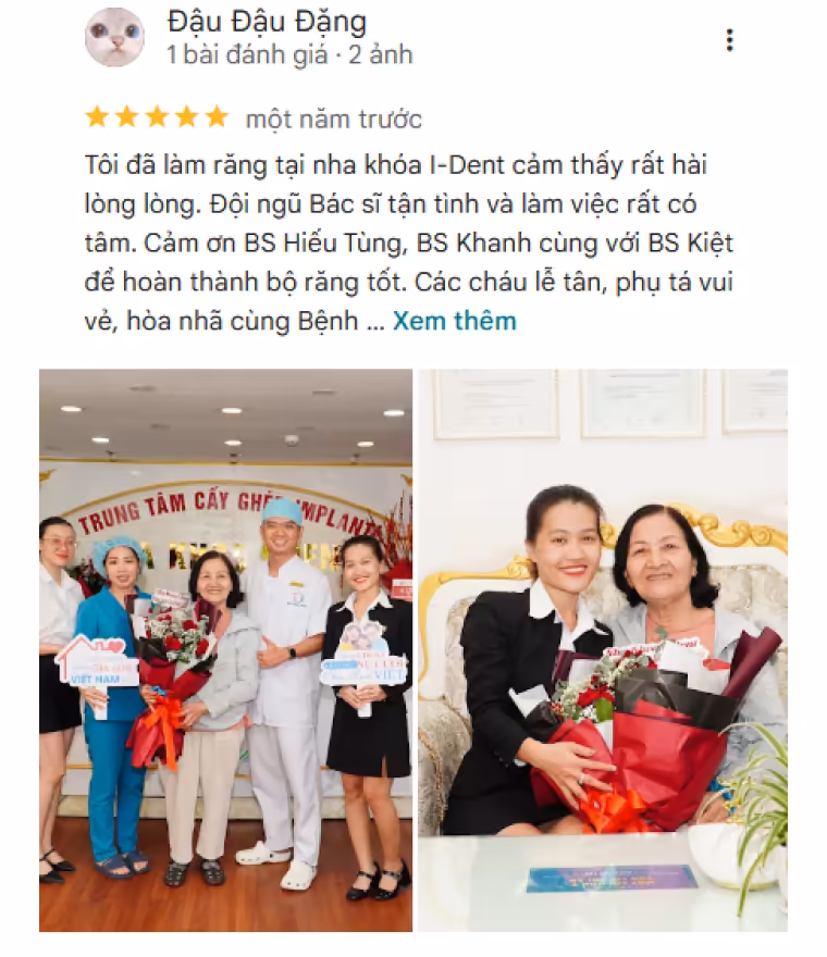 Đánh giá tích cực của bệnh nhân dành cho nha khoa I-Dent trên Google Maps.