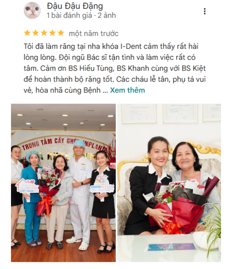 Đánh giá tích cực của bệnh nhân dành cho nha khoa I-Dent trên Google Maps.