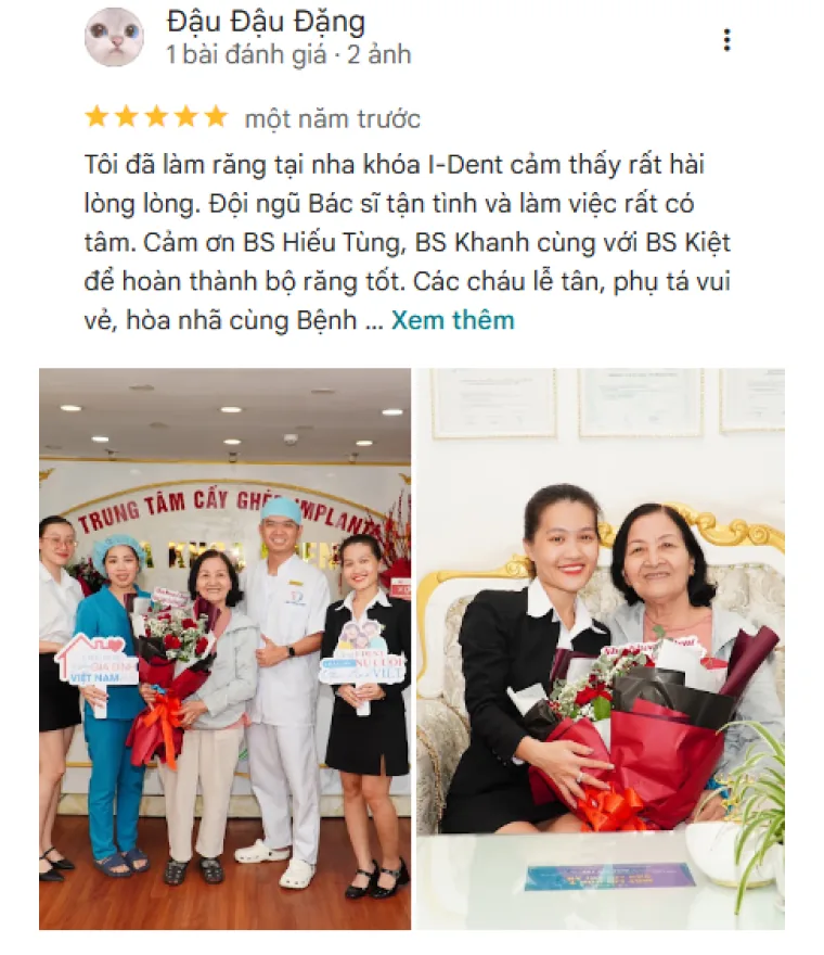 Đánh giá tích cực của bệnh nhân dành cho nha khoa I-Dent trên Google Maps.