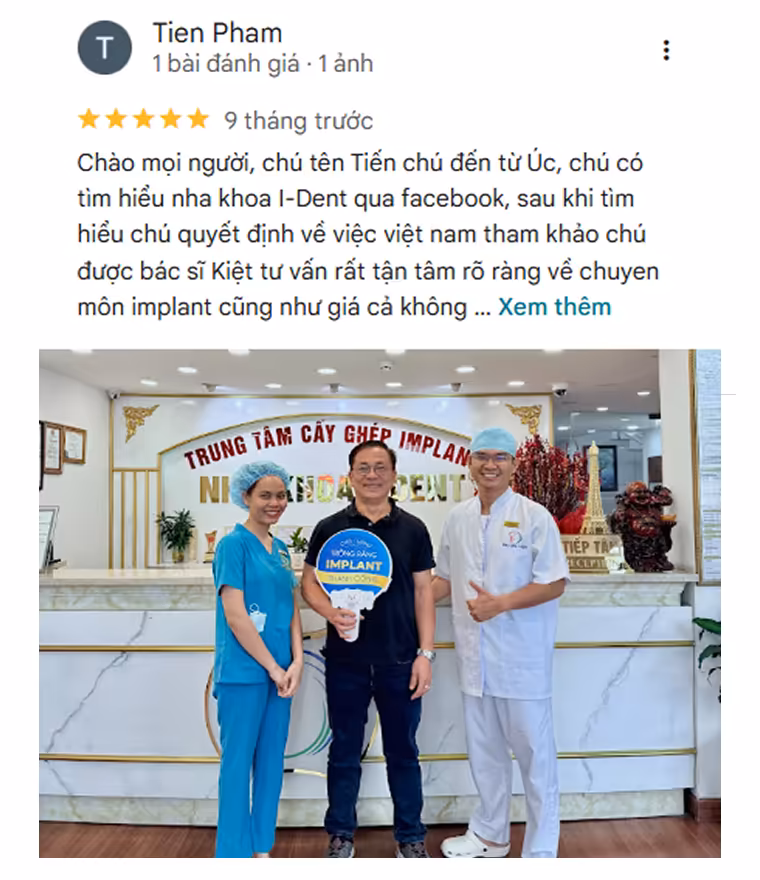 Đánh giá tích cực của bệnh nhân dành cho nha khoa I-Dent trên Google Maps.