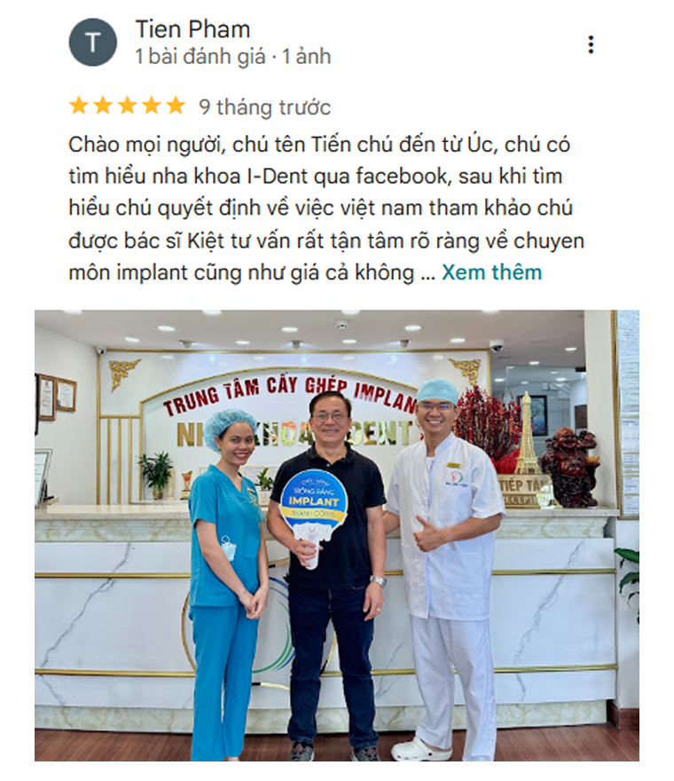 Đánh giá tích cực của bệnh nhân dành cho nha khoa I-Dent trên Google Maps.