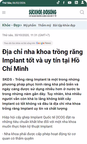 Báo Sức Khỏe Đời Sống đưa tin về dịch vụ trồng răng implant tại nha khoa I-Dent.