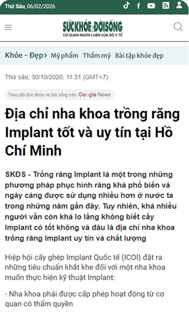 Báo Sức Khỏe Đời Sống đưa tin về dịch vụ trồng răng implant tại nha khoa I-Dent.
