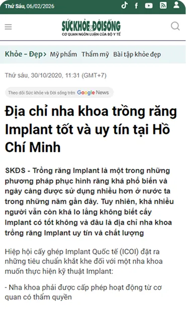 Báo Sức Khỏe Đời Sống đưa tin về dịch vụ trồng răng implant tại nha khoa I-Dent.