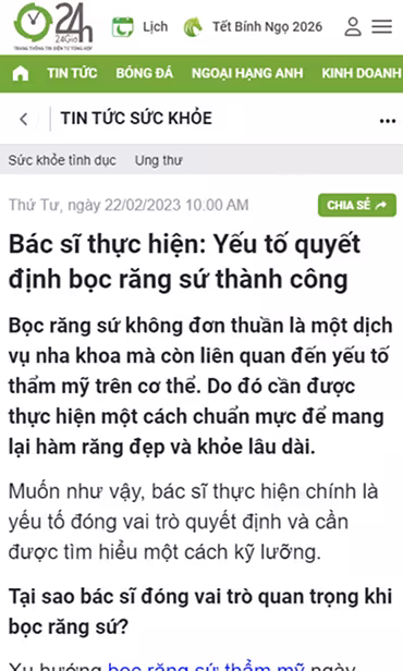 Chia sẻ của bác sĩ nha khoa I-Dent trên báo 24H về dịch vụ thẩm mỹ răng sứ.