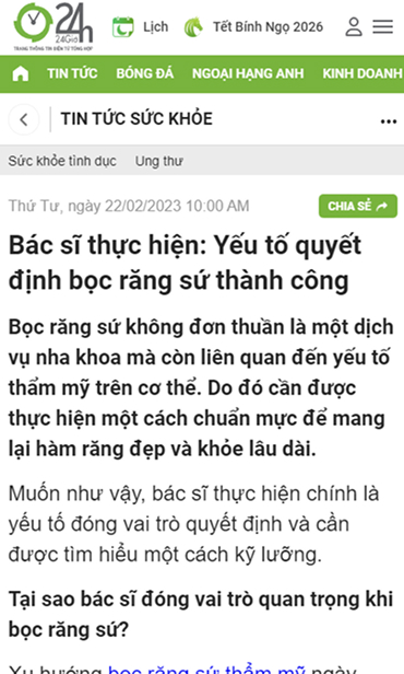 Chia sẻ của bác sĩ nha khoa I-Dent trên báo 24H về dịch vụ thẩm mỹ răng sứ.