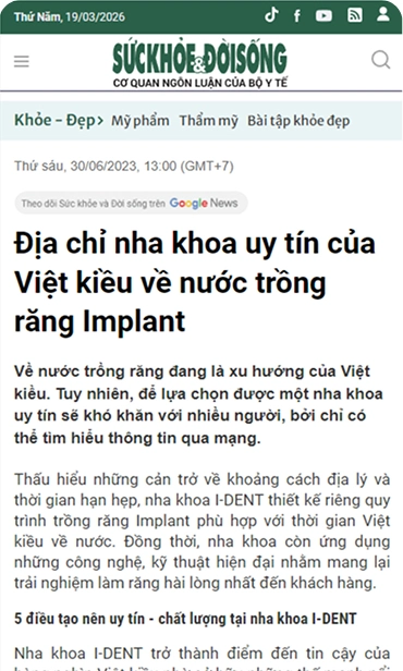 Nha khoa I-Dent trên báo Sức Khỏe - Đời Sống.