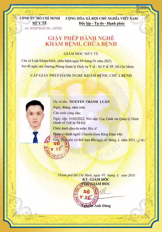 Chứng chỉ hành nghề của bác sĩ Nguyễn Thành Luân.