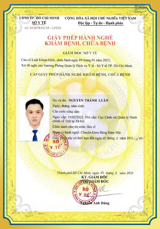 Chứng chỉ hành nghề của bác sĩ Nguyễn Thành Luân.