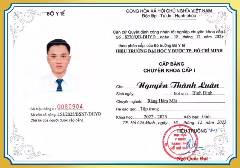 Bằng cấp và chứng chỉ của bác sĩ Nguyễn Thành Luân.