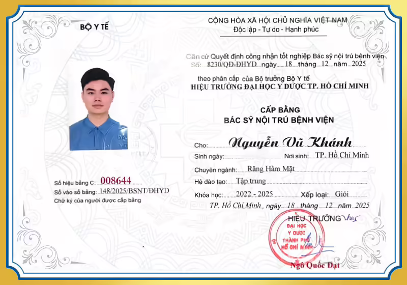 Bằng bác sĩ nội trú bệnh viện BS Vũ Khánh