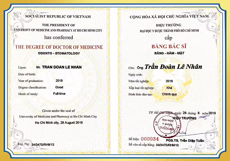 Bằng bác sĩ răng hàm mặt BS Nhân