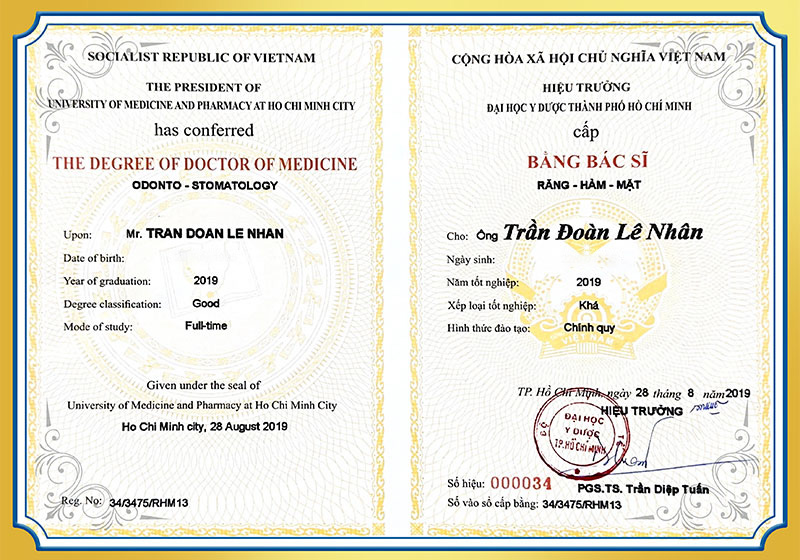 Bằng bác sĩ răng hàm mặt BS Nhân