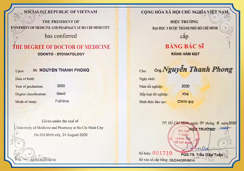 Bằng bác sĩ răng hàm mặt BS Phong