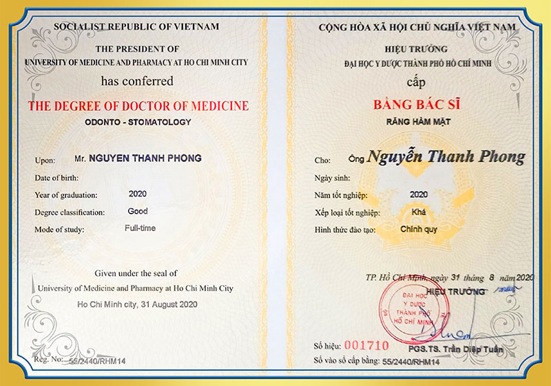 Bằng bác sĩ răng hàm mặt BS Phong