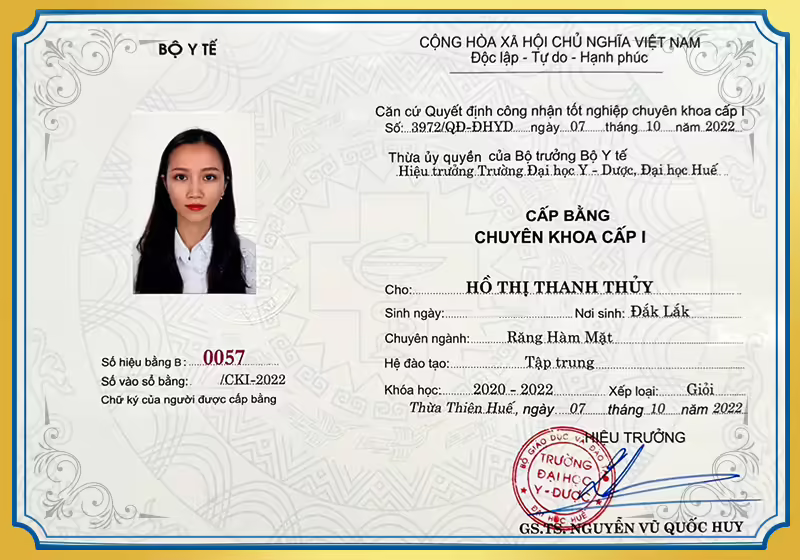 Bằng chuyên khoa cấp I BS Thủy