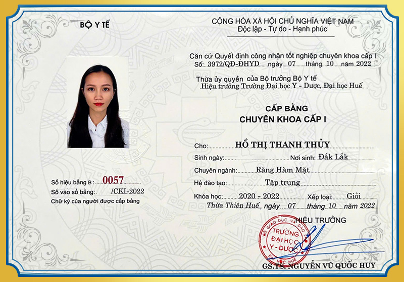 Bằng chuyên khoa cấp I BS Thủy
