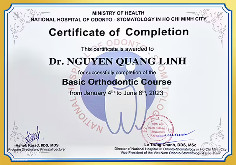 Certificate basis orthodontic course BS Linh