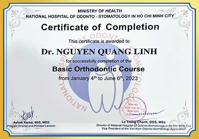 Certificate basis orthodontic course BS Linh
