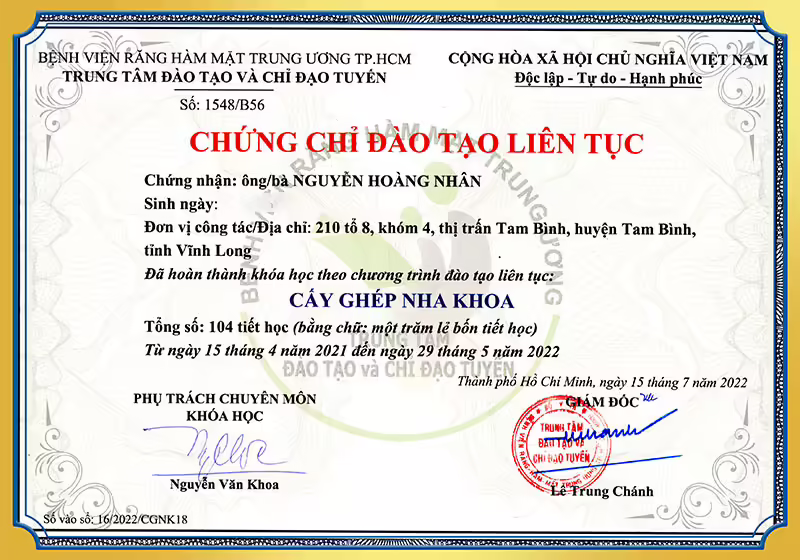 Chứng chỉ cấy ghép nha khoa BS Nhân