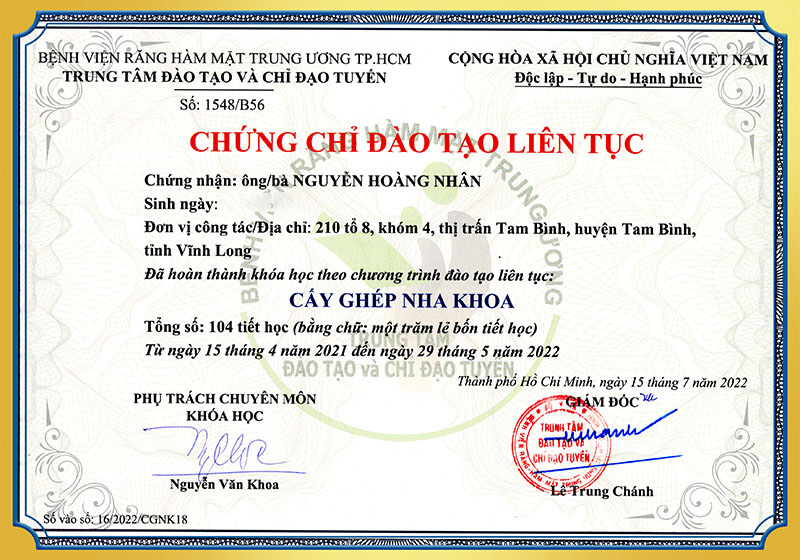 Chứng chỉ cấy ghép nha khoa BS Nhân