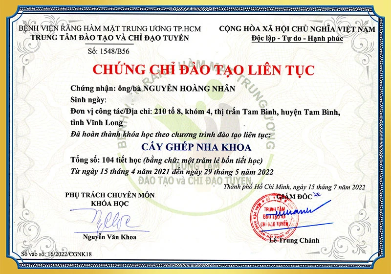 Chứng chỉ cấy ghép nha khoa BS Nhân