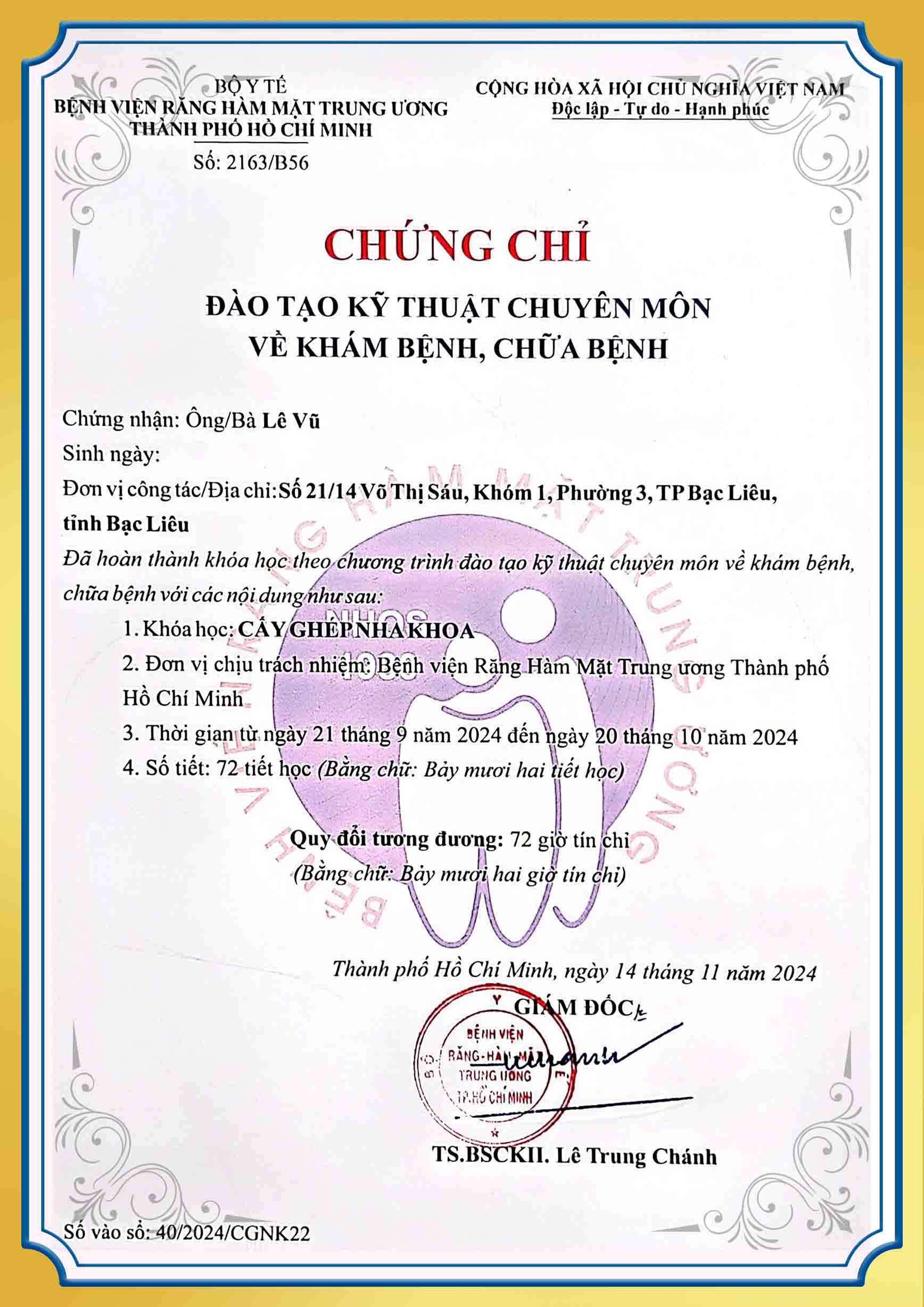 Chứng chỉ chuyên môn khám chữa bệnh BS Lê Vũ