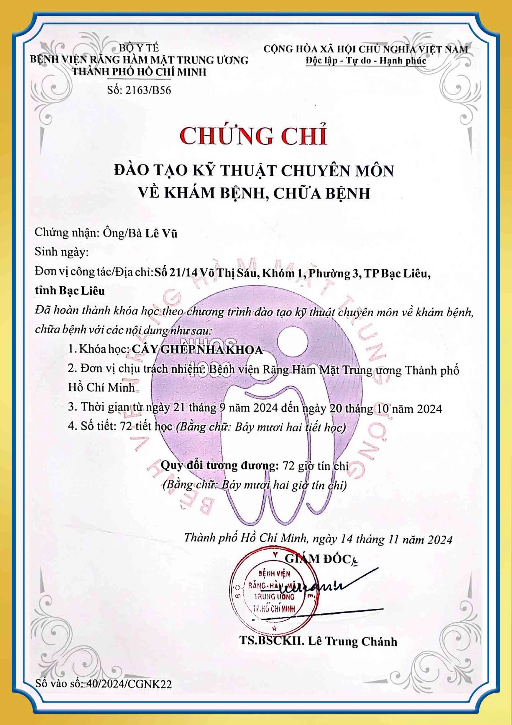 Chứng chỉ chuyên môn khám chữa bệnh BS Lê Vũ